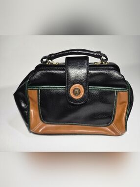 Vintage Black and Brown Leather Top-Handle Women’s Bag with Attachable Strap